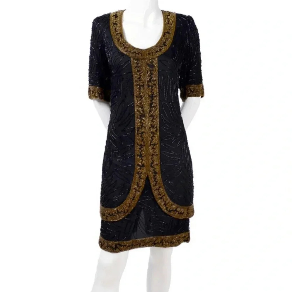 Vintage Brilliante by J.A. 100% silk beaded with black & Gold midi dress size XL